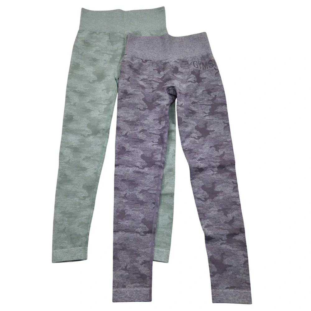 Lot of 2 Gymshark Adapt Camo Seamless Leggings‎ - Lavender & Green Womens Small
